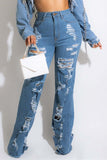 hulianfu - The cowboy blue Fashion Casual Solid Ripped Patchwork High Waist Regular Denim Jeans