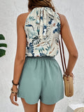 Two-Piece Tropical Floral Print Off the Shoulder Elegant Outfit - Belted Shorts & Halter Neck Top Set for Spring and Summer - Polyester Woven, No Elasticity, Random Printing, Womens Clothing