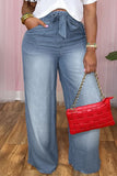hulianfu - Light Blue Casual Solid Bandage Patchwork High Waist Straight Denim Jeans