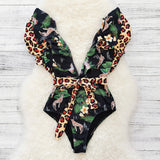 New Sexy Ruffle Print Floral One Piece Swimsuit Off The Shoulder Swimwear Women Solid Deep-V Beachwear Bathing Suit Monkini
