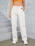 Womens High-Waist Cargo Pants - Loose-Fit, Wide-Leg Design with Flap Pockets - Casual Sporty Jeans for Activewear