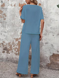 Two-Piece Elegant Crew Neck Short Sleeve Top and Split Wide Leg Pants Set - Soft Micro Elastic Polyester Fabric, Solid Color, and Classic Style for Spring/Summer - Womens Clothing Outfit