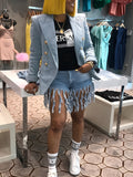 Ultra-Stretch Carnaval Fringe Denim Shorts - Fashionable Washed Blue, High Waist Party Style - For Trendsetting Women