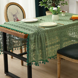 1pc Beige Linen Cotton Blend Crochet Tablecloth with Tassel - Tablecloths - Rustic American Pastoral Style Decor for Picnic, Holiday Party, and Home - Easy Care and Durable