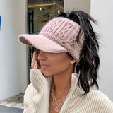 Cozy Knit Ponytail Visor Cap For Women - Thick Fleece-Lined, Ear Protection, Stretch Fit Baseball Hat For Fall/Winter