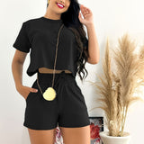 Womens Elegant Solid Color Casual Shorts Set - Crew Neck Short Sleeve Crop Top, Tie Waist Pants, Polyester Fabric, Regular Fit, Machine Washable - Perfect for Spring and Summer Outings