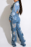 hulianfu - The cowboy blue Fashion Casual Solid Ripped Patchwork High Waist Regular Denim Jeans