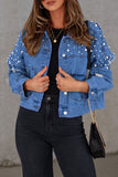 hulianfu - Light Blue Casual Solid Beading Turndown Collar Long Sleeve Denim Jacket