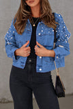hulianfu - Light Blue Casual Solid Beading Turndown Collar Long Sleeve Denim Jacket