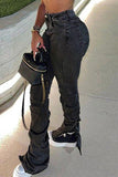 hulianfu - Dark Gray Fashion Casual Solid Patchwork Slit Fold High Waist Regular Denim Jeans