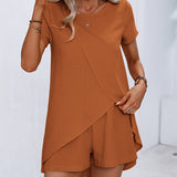 Lightweight & Chic Womens Two-piece Set - Short Sleeve Asymmetrical Tee with Elastic Waist Shorts - Effortless Summer Outfit