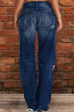 hulianfu - Blue Casual Solid Ripped Patchwork Mid Waist Regular Denim Jeans