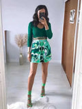 Women's Two Piece Pants Za Vintage Green Floral Print 2 Pieces Women Sets Boho Long Sleeve Shirts and High Waist Wide Leg Shorts Holiday Women Suit T221012