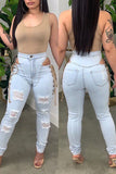 hulianfu - Light Blue Fashion Casual Solid Ripped Bandage Hollowed Out High Waist Skinny Denim Jeans