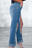 hulianfu - Light Blue Street Solid Ripped Chains Loose Denim Jeans