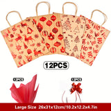 12-Pack Festive Red Foil Print Kraft Gift Bags with Handles, Includes Red Wrapping Paper and Matching Ribbons for Holiday, New Year, and Birthday Party Supplies