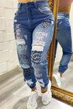 hulianfu - Blue Casual Patchwork Ripped High Waist Harlan Denim Jeans