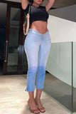 hulianfu - Blue Fashion Casual Gradual Change Print Patchwork Low Waist Skinny Denim Jeans