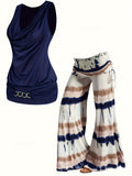 Two-Piece Tie Dye Wide Leg Pants Outfit - Cowl Neck Vest with Drawstring, Micro Elasticity, and Machine Washable - Spring/Summer Casual Wear for Women