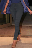 hulianfu - Light Blue Casual Solid Basic Mid Waist Skinny Denim Jeans
