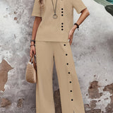 Two-Piece Elegant Crew Neck Short Sleeve Top and Split Wide Leg Pants Set - Soft Micro Elastic Polyester Fabric, Solid Color, and Classic Style for Spring/Summer - Womens Clothing Outfit