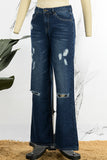 hulianfu - Blue Casual Solid Ripped Patchwork Mid Waist Regular Denim Jeans