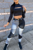 hulianfu - Black Casual Patchwork Tear High Waist Boot Cut Denim Jeans
