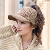 Cozy Knit Ponytail Visor Cap For Women - Thick Fleece-Lined, Ear Protection, Stretch Fit Baseball Hat For Fall/Winter