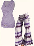 Two-Piece Tie Dye Wide Leg Pants Outfit - Cowl Neck Vest with Drawstring, Micro Elasticity, and Machine Washable - Spring/Summer Casual Wear for Women