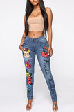 hulianfu - Light Blue Fashion Casual Print Patchwork Mid Waist Skinny Denim Jeans