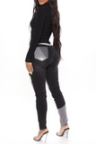 hulianfu - Khaki Casual Color Block Patchwork Mid Waist Skinny Denim Jeans