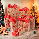 12-Pack Festive Red Foil Print Kraft Gift Bags with Handles, Includes Red Wrapping Paper and Matching Ribbons for Holiday, New Year, and Birthday Party Supplies
