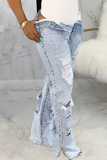 hulianfu - Black Casual Patchwork Ripped Mid Waist Boot Cut Denim Jeans
