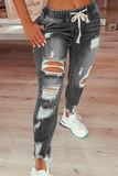 hulianfu - Grey Casual Patchwork Ripped High Waist Skinny Denim