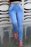 hulianfu - Dark Blue Street Solid Patchwork High Waist Denim Jeans