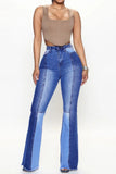 hulianfu - Blue Casual Patchwork Contrast High Waist Boot Cut Denim Jeans