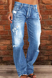 hulianfu - Black Casual Street Patchwork Ripped Straight Denim Jeans