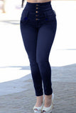 hulianfu - Dark Blue Street Solid Patchwork High Waist Denim Jeans