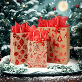 12-Pack Festive Red Foil Print Kraft Gift Bags with Handles, Includes Red Wrapping Paper and Matching Ribbons for Holiday, New Year, and Birthday Party Supplies