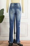 hulianfu - Black Casual Street Patchwork Ripped Straight Denim Jeans