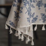 1pc Retro-Style Blue Rose Rectangular Tablecloth with Beige Fringe, Perfect for Kitchen Dining, Picnic, Buffet, Holiday Dinner, Party, Banquet, Restaurant, and Wedding Western Food Tables
