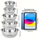 5pcs Stainless Steel Mixing Bowl Set With Measurements - Mirror Finish, Dishwasher Safe, Deep Sides For Salads & Kitchen Use