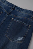hulianfu - Blue Casual Solid Ripped Patchwork Mid Waist Regular Denim Jeans