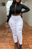 hulianfu - White Fashion Casual Solid Ripped Patchwork High Waist Skinny Denim Jeans