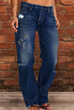 hulianfu - Blue Casual Solid Ripped Patchwork Mid Waist Regular Denim Jeans