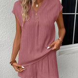 Solid Textured Two-piece Set, Button Front V Neck Short Sleeve Top & Wide Leg Shorts Outfits, Women's Clothing