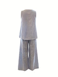 Two-Piece Stripe Print Casual Outfit - Comfortable Crew Neck Tank Top & Wide Leg Pants Set - Polyester Woven, No Elasticity, Spring/Fall Wear, No Sheer