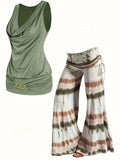 Two-Piece Tie Dye Wide Leg Pants Outfit - Cowl Neck Vest with Drawstring, Micro Elasticity, and Machine Washable - Spring/Summer Casual Wear for Women