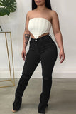 hulianfu - Black Casual Solid Ripped Slit High Waist Regular Denim Jeans