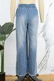 hulianfu - Light Blue Casual Solid Bandage Patchwork High Waist Straight Denim Jeans